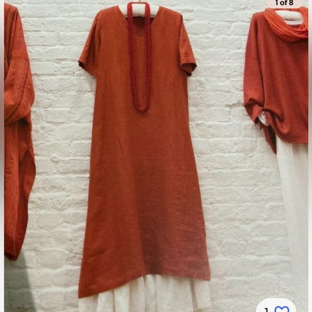 Eskandar 2 FLAME Orange Red RARE Original Round Neck A-Line Long Dress Linen